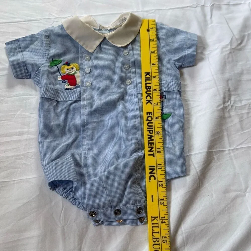 Vintage‎ boys one piece baby outfit size 3-6 months clowns Nannette blue gingham